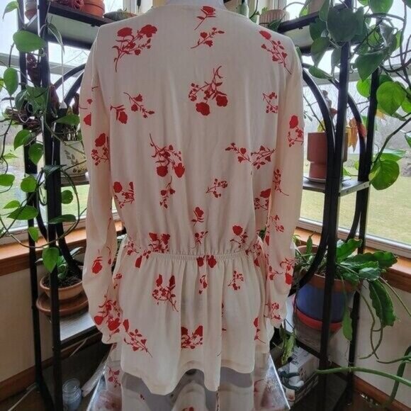 Ophelia Roe Small Wrap Smocked Blouse Cream Red Floral V-neck Elastic Waist EUC - Picture 3 of 11